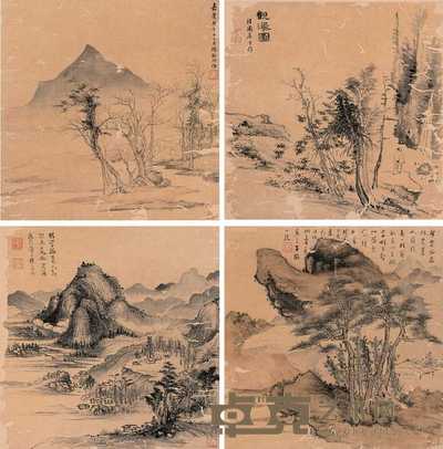 谢里甫 谢观生 汤雨生 吕翔等 观瀑图 册页（十二开选四） 33×33cm×12